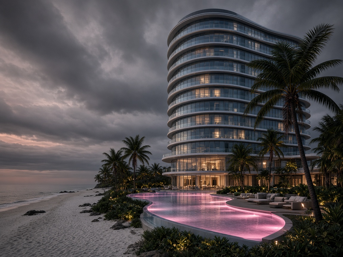 Futuristic beachfront tower with glowing pool on a Pacific beach