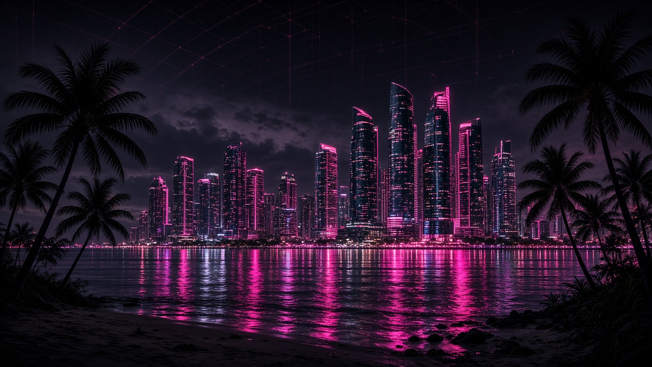 Futuristic Panama City skyline at night reflected on the Pacific