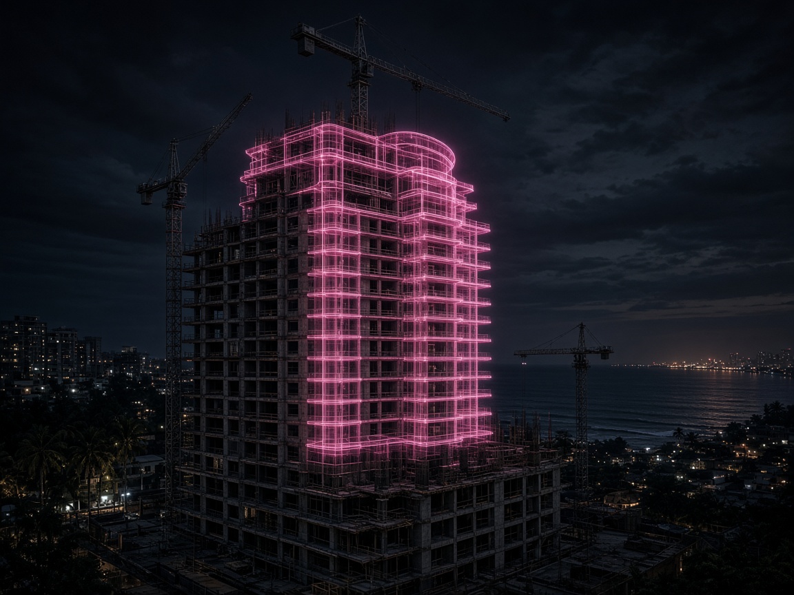 Pre-construction tower with glowing holographic overlay by the ocean